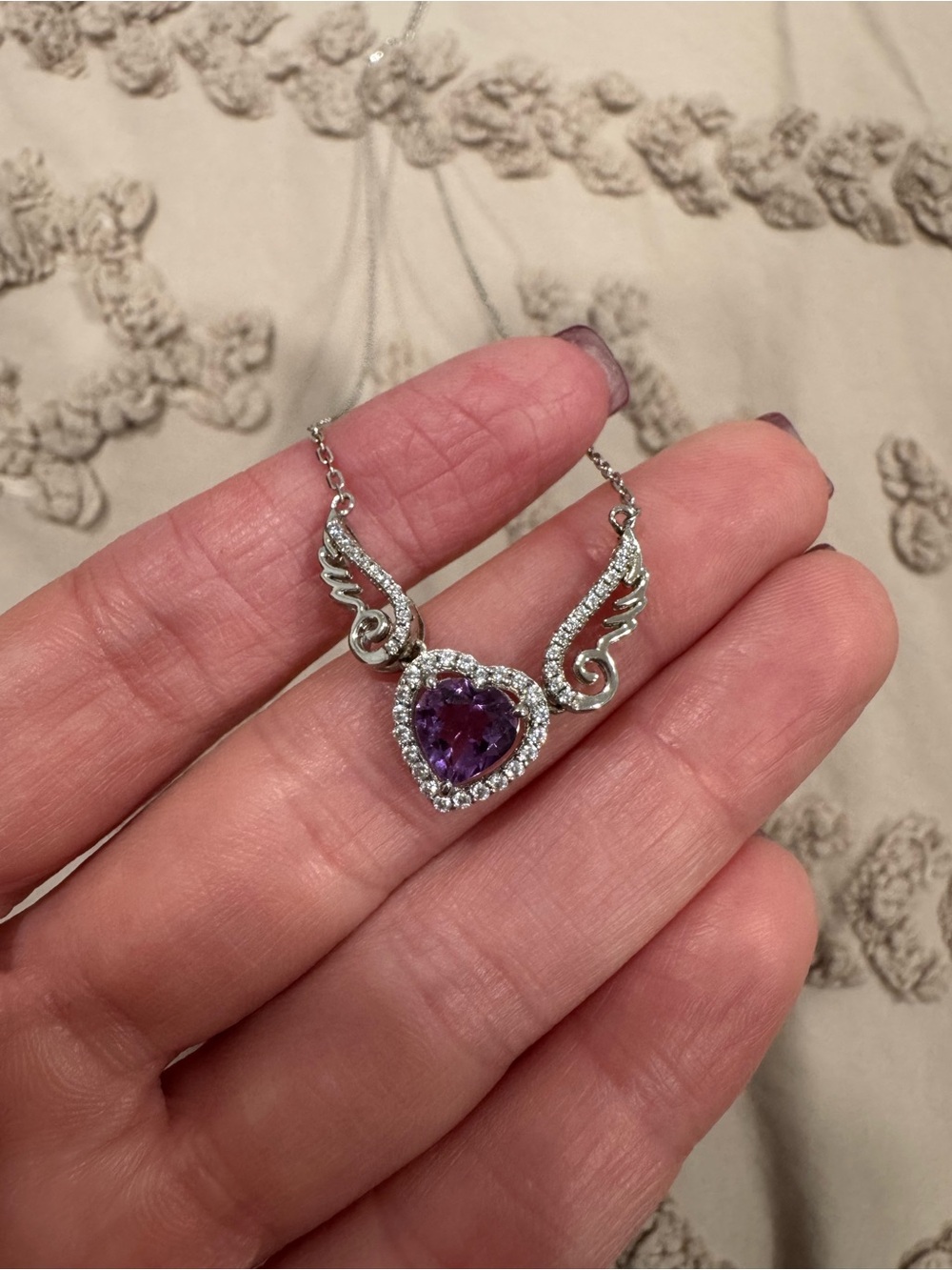 Heart-Shaped Purple Crystal Pendant Necklace with Wing Accents